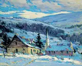 Farquhar McGillivray Strachan Knowles, Untitled - Winter Village with Sleigh, oil on board