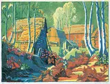 Homestead at Revelstoke #8/50 by Margaret Shelton, 1943, lino block in eight colours on paper, sold Apr 2020