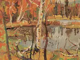 Ralph Wallace Burton, Small Lake Behind the RCAF Station, Foymount, Ont., oil on wood board