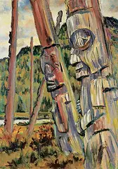 Ruth Harvey, The Last Totems [Kispiox B.C.], 1964, oil on canvas board