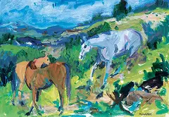 Untitled - Grazing Horses by Wynona Croft Mulcaster, acrylic on paper, sold Apr 2020