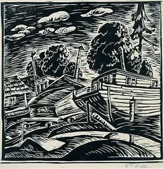 W. P. Weston, Untitled - Boats in Dry Dock, 1937, lino block on paper