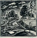 W. P. Weston, Untitled - Boats in Dry Dock, 1937, lino block on paper