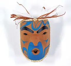 Douglas David, North Wind [Blue], 2014, painted wood carving with bark and feathers