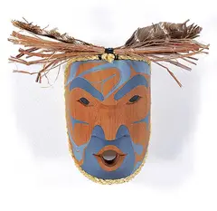 Douglas David, East Wind [Grey], 2014, painted wood carving with bark and feathers