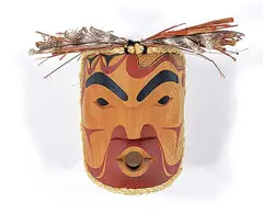 Douglas David, South Wind [Red], 2014, painted wood carving with bark and feathers