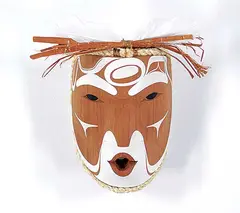 Douglas David, West Wind [White], 2015, painted wood carving with bark and feathers