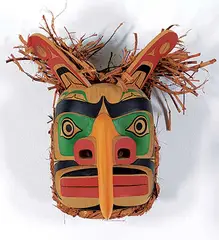Shawn Karpes, Thunderbird - Human Transformation, painted wood carving with bark