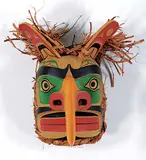 Shawn Karpes, Thunderbird - Human Transformation, painted wood carving with bark