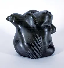 Nellie Apaqaq, Mythological Bird and Head, dark green stone carving