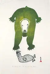 Pitseolak Ashoona, Bear Attacking Seal #36/50, 1973, colour stone cut on paper