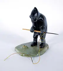 Samwillie Iqaluq, Untitled - The Hunter at the Blowhole, grey and green soapstone