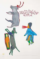 The Dying Man Becomes a Wolf #45/50 by Myra Kukiiyaut, 1971, colour stone cut and stencil on paper, sold Mar 2020