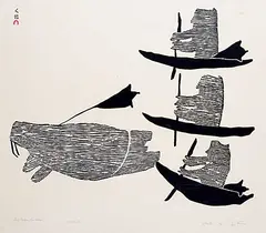 Parr, Three Hunters, One Whale #5/50, 1965, stonecut on paper