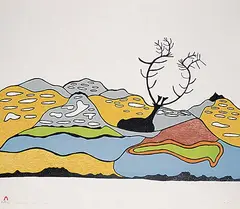 Pudlo Pudlat, Landscape with Caribou #4/50, 1977, colour lithograph on paper