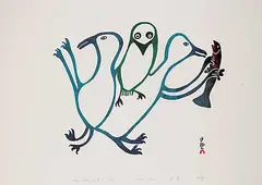 Lucy Qinnuayuak, Three Birds with a Fish #3/50, 1969, colour stonecut on paper