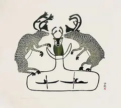 Pauta Saila, Composition with Caribou #21/50, 1968, colour stonecut on paper