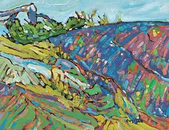 Pink Rocks - Denman Island by Phil Richard Ermacora, 1983, oil on wood board, sold Nov 2019