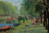 Caroline Learoyd Hillyard, Untitled - Picnic in the Park, oil on canvas board