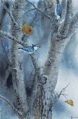 Wee Lee, On a Snowy Day [Whitebreasted Nuthatch], 1980, acrylic on silk