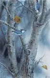 Wee Lee, On a Snowy Day [Whitebreasted Nuthatch], 1980, acrylic on silk