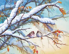 Wee Lee, Two Puff-balls [Common Redpolls], acrylic on silk