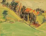 Florence Helena McGillivray, Wakefield Hilly Farm, watercolour and crayon on paper