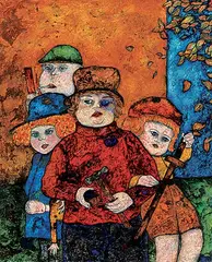 Duncan Regehr, Autumn Children, oil and mixed media on board