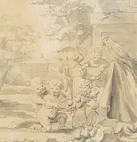 Johannes Voorhoot, Putti and Parrot on a Terrace, watercolour and ink on paper