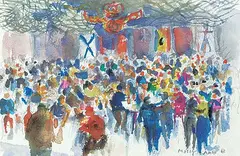 Molly Lamb Bobak, Untitled - Around the Carousel, watercolour on paper