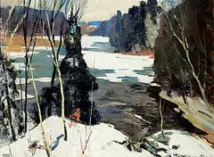 From the Mill Race, Rockwood Ont. by Adrian Dingle, oil on wood board, sold Nov 2019