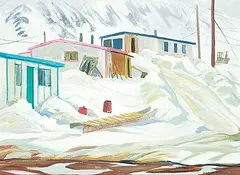 Doris Jean McCarthy, Three Houses at Broughton Island, 1979, oil on wood board