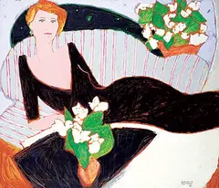 Claude A. Simard, Untitled - Woman in Black Dress with White Flowers, 1987, acrylic on canvas