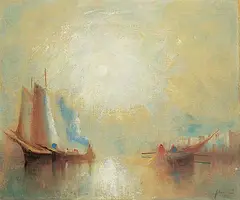 John A. Hammond, Untitled - Misty Harbour, 1928, oil on canvas board