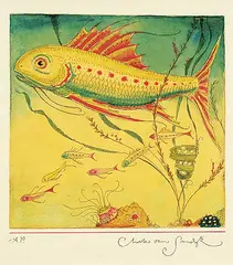 Charles van Sandwyk, Three Generations [Fish, Egg and Fry] #A.P., hand coloured etching on paper