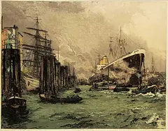 Hamburg Harbour by Luigi Kasimir, 1939, colour etching on paper, sold Sep 2019
