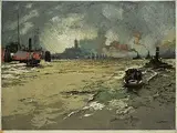 Luigi Kasimir, Untitled - Stormy Port City, colour etching on paper