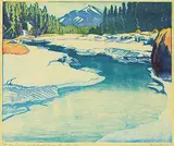 Margaret Shelton, Spray River and Goat Mountain #110/130, 1943, colour wood block in six colours on paper