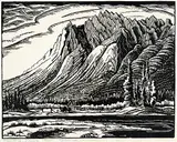 Sawback Range from Massive Station [Mount Ishbel] by Margaret Shelton, 1942, lino block on paper, sold Sep 2019