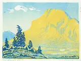 Mt. Rundle [at Dawn] #30/100 by Margaret Shelton, 1942, lino block in four colours on paper, sold Sep 2019