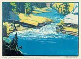 Ed. 2, Johnson's Canyon #4/100 by Margaret Shelton, 1943, lino block in five colours on paper, sold Sep 2019