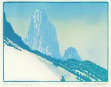 No. 2, Mt Louis #5/100 by Margaret Shelton, 1943, lino block in three colours on paper, sold Sep 2019