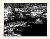 Thomson River, B.C. #19/50 by Margaret Shelton, 1943, lino block on paper, sold Sep 2019