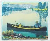 Fishing on the Bow #203/300 by Margaret Shelton, 1945, lino block in six colours on paper, sold Sep 2019