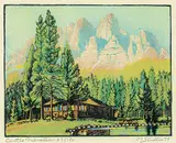 Castle Mountain #87/100 by Margaret Shelton, 1944, lino block in five colours on paper, sold Sep 2019