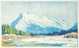 Mount Rundle in March #10/100 by Margaret Shelton, 1978, lino block in eight colours on paper, sold Sep 2019