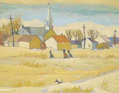 Raymond C. Bourque, Untitled - Walking Home from School, 1980, oil on wood board