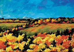 Lorelei Boyce, Sunrise on Poplars, acrylic on canvas board