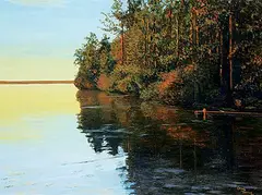 Untitled - Sunset on the Lake by Crane Thomas, 1978, oil on wood board, sold May 2019