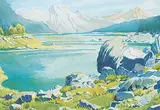 Untitled - Rocky Mountain Lake by Margaret Shelton, 1977, watercolour on paper, sold Apr 2019